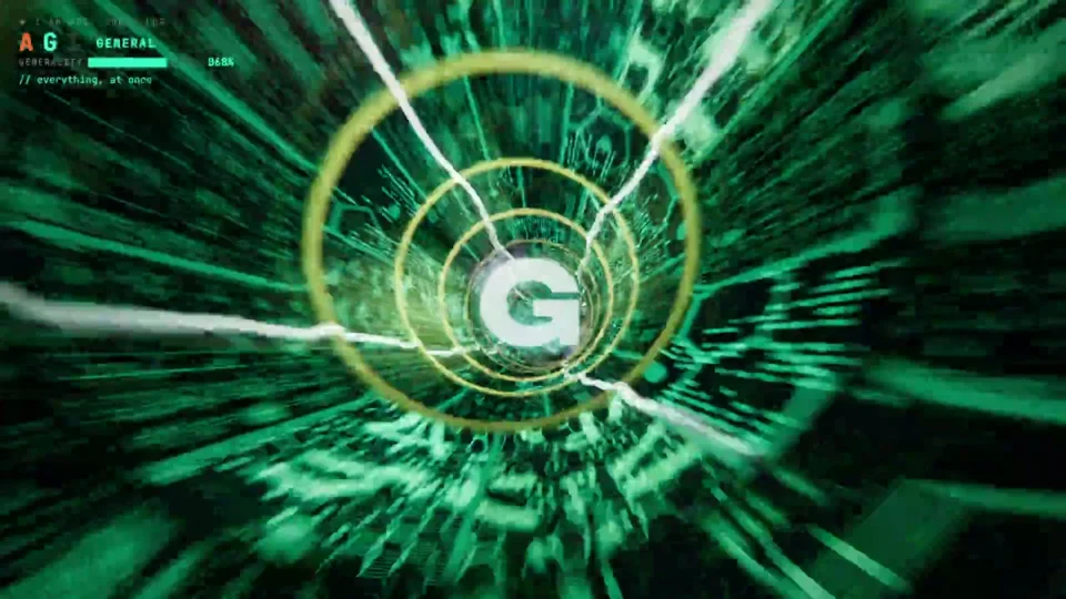 Glowing letters A, G and I assemble in a 3D lyric video