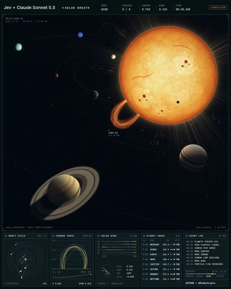 Coronal loop grows on the Sun over tracked planets in a solar HUD