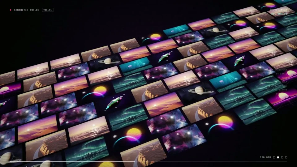 Aurora, synthwave sun and chrome blob in a ten-scene motion reel