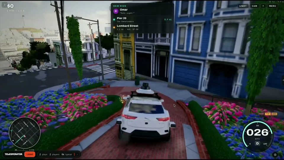 Robotaxi rolls down Lombard Street in a 3D driving game