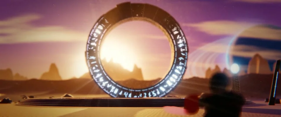Ring portal ignites on a desert planet under a ringed giant