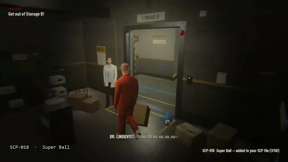 Orange-suited prisoner walks SCP containment corridors in a story game