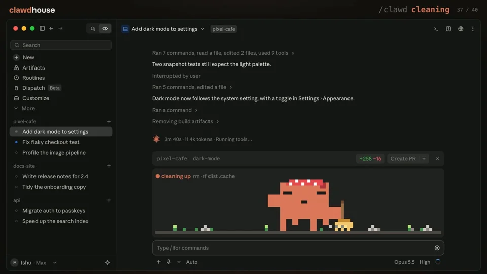 Pixel mascot reacts to coding tasks in a coding app mod demo