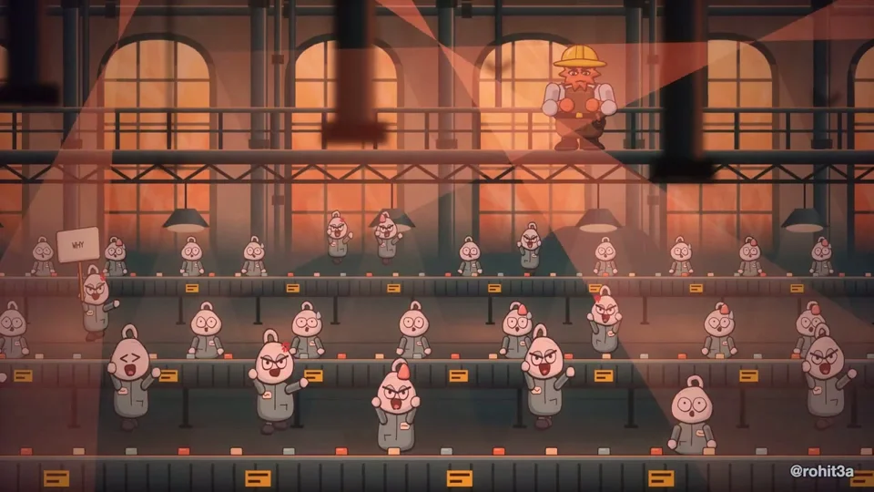 Hard-hatted foreman boss sends tiny robot workers scrambling