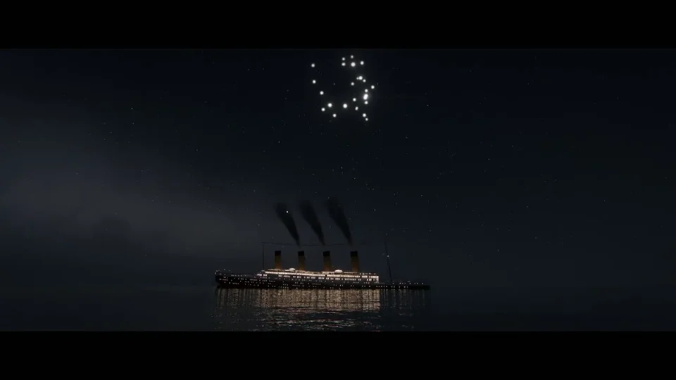 Titanic sails at sunset, floods and sinks in a 3D animation