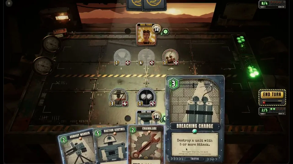Post-apocalyptic robot cards battle on a rusted metal board