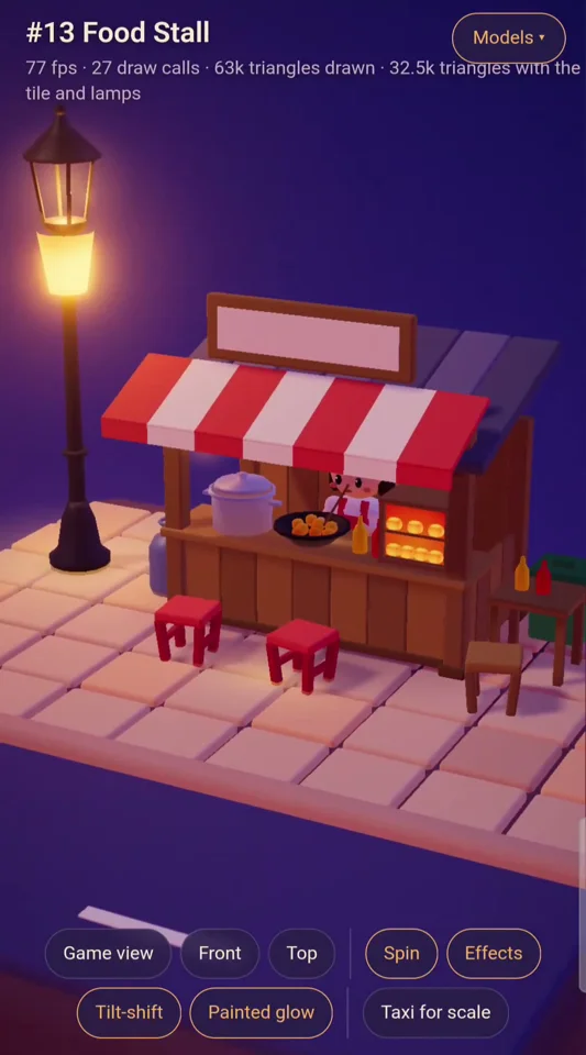 Low-poly night food stall with a cook and glowing lamp in a 3D viewer