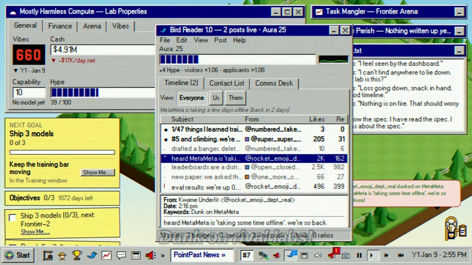 Frontier Lab Tycoon trailer with retro desktop UI and isometric lab