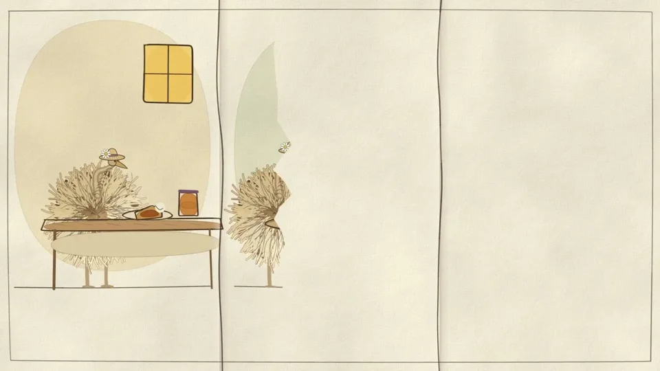 Fluffy the emu weathers sun and rain in a storybook village