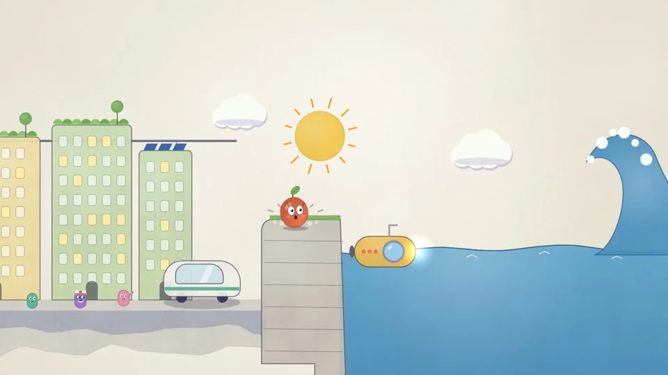 Cartoon green city, rocket launch and Earth labeled 2076