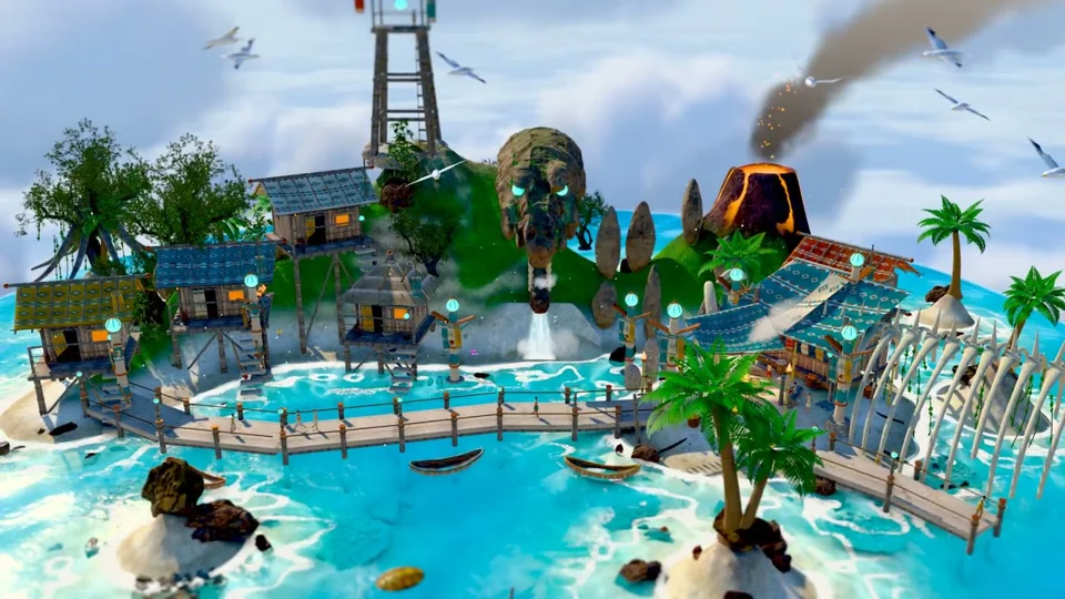 Tropical island diorama with stilt huts, volcano and whale bones