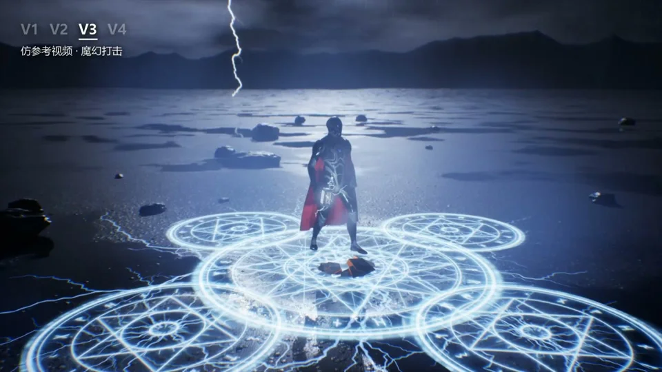 Caped hero summons lightning in four versions of an Unreal effect