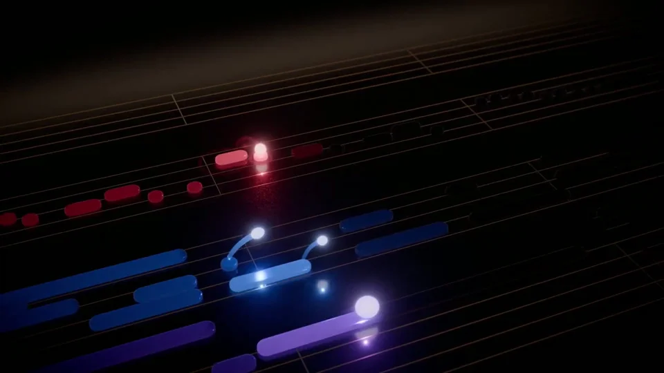 Glowing notes bounce along a 3D piano-roll staff in the dark