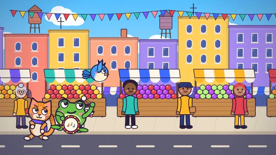 Cartoon frog, cat and bird form a street band in a flat city