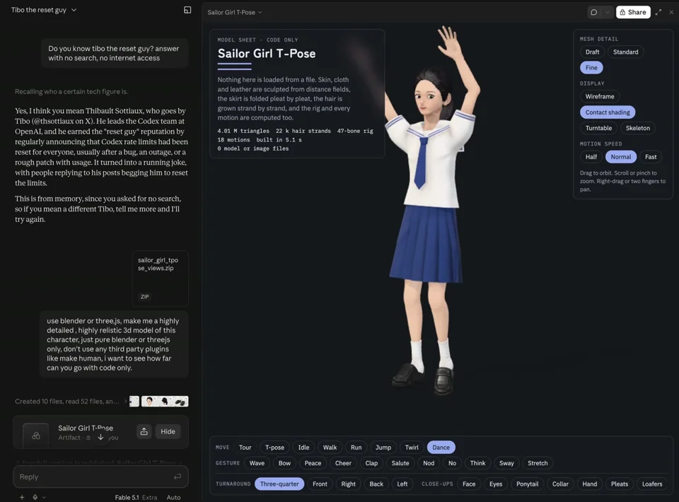 Code-built sailor-uniform girl model dances in a 3D viewer