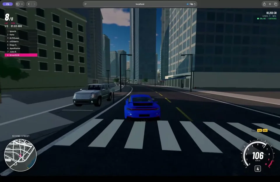 Open-world browser racer runs mountain, city and F1 circuit races
