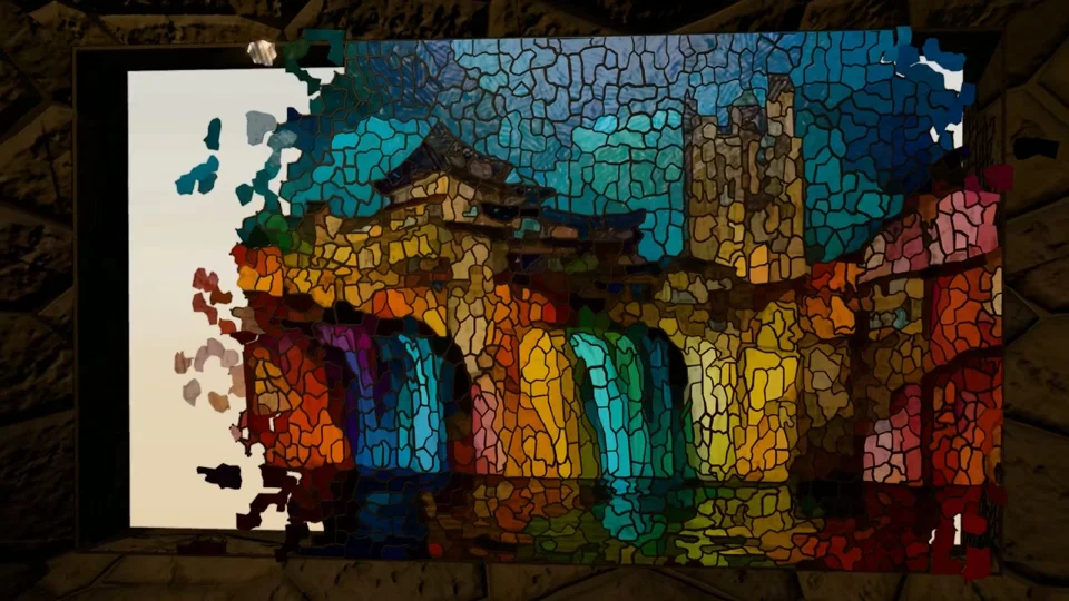 Stained-glass shards assemble into a glowing window in a stone wall