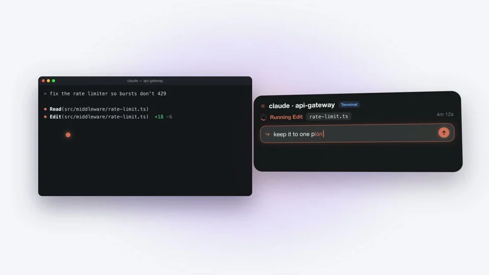 Floating terminal windows and approval cards pitch a coding-agent app