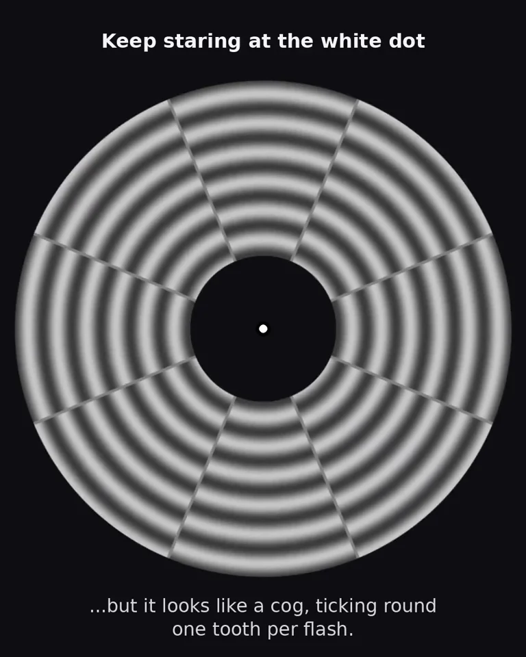 Flashing striped ring illusion that ticks like a cog