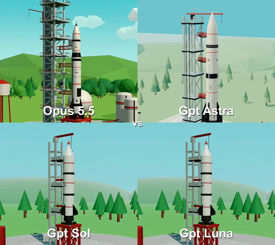 Rocket launch scene, four-model comparison
