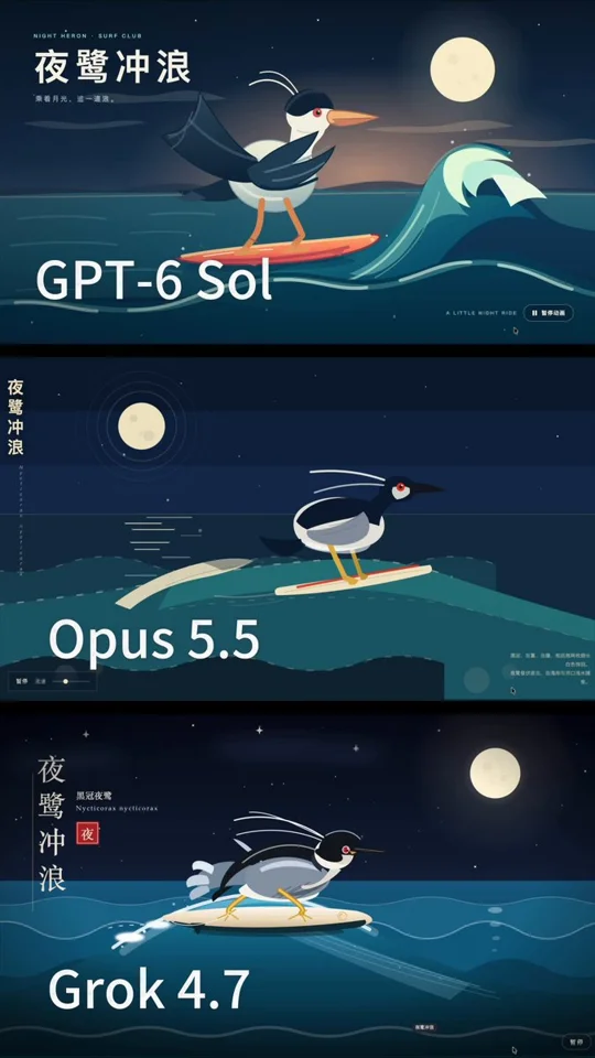 Night heron surfing, SVG animation