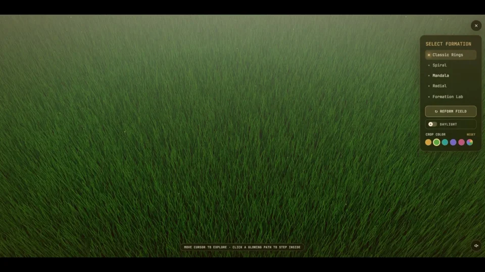 First Three.js / Claude-assisted experiment: interactive crop circle field
