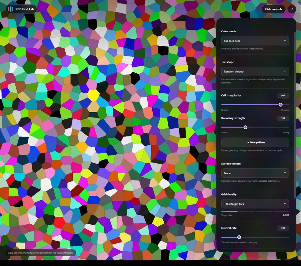 Playful single-pass WebGL color-field generator with many mosaics.