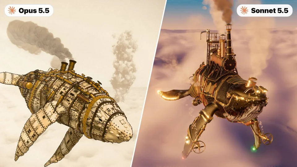 Opus 5.5 vs Sonnet 5.5 : 3D steampunk whale modeling