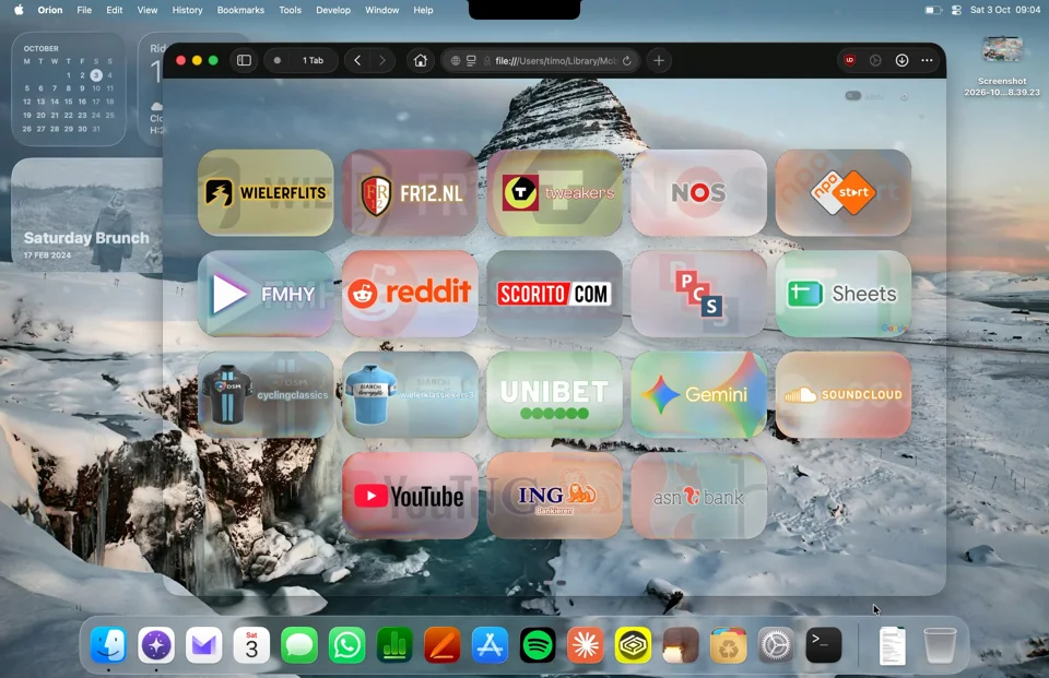 I built a liquid-glass start page that floats over your actual Mac wallpaper. If there's interest, I'll clean it up and share it, open source of course.