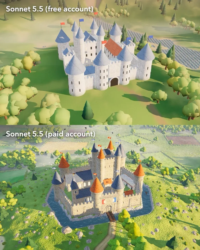 The Sonnet 5.5 on my free account appears to be worse than the one on my paid account? Asked it to one-shot a castle with the same prompt. More below.