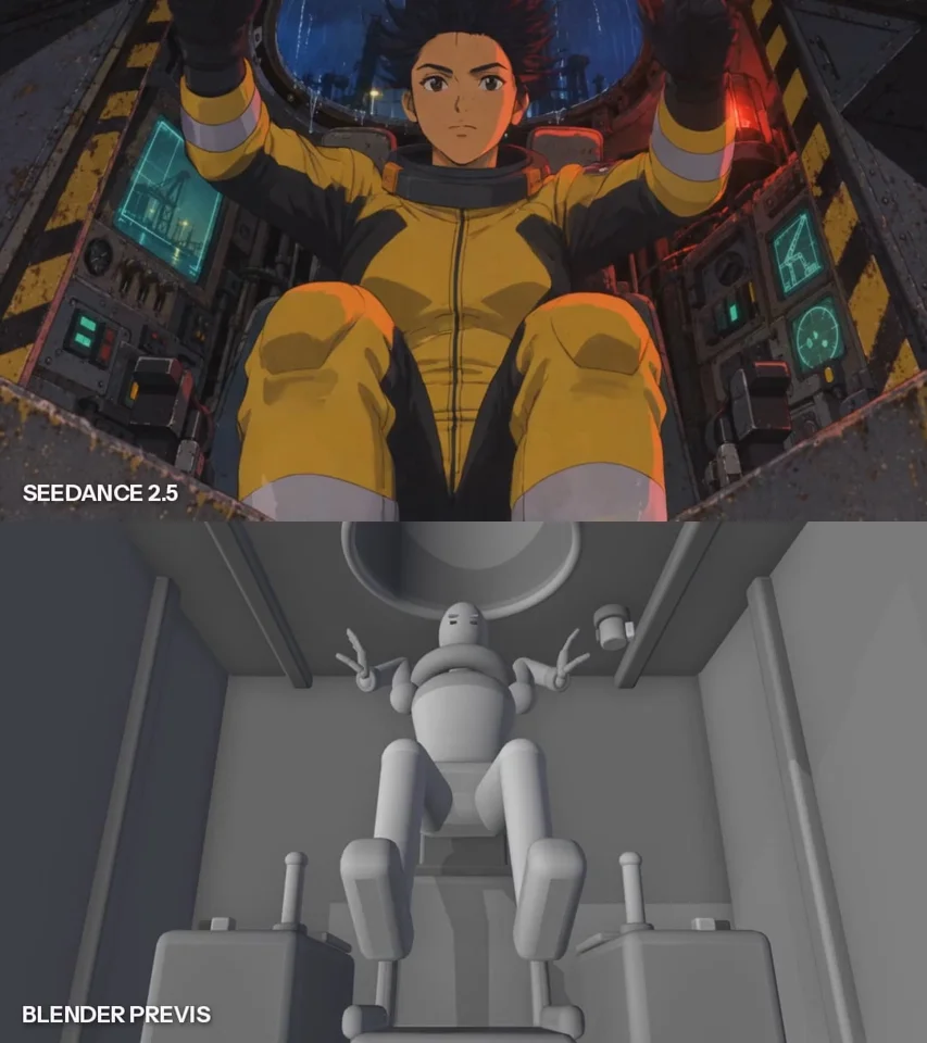 "Retro anime sequence made with Scenario MCP: >Opus 5.5 blocks every shot in Blender >GPT Image 2.5 designs the pilot and the mech >Seedance 2.5 animates it, ElevenLabs scores it"