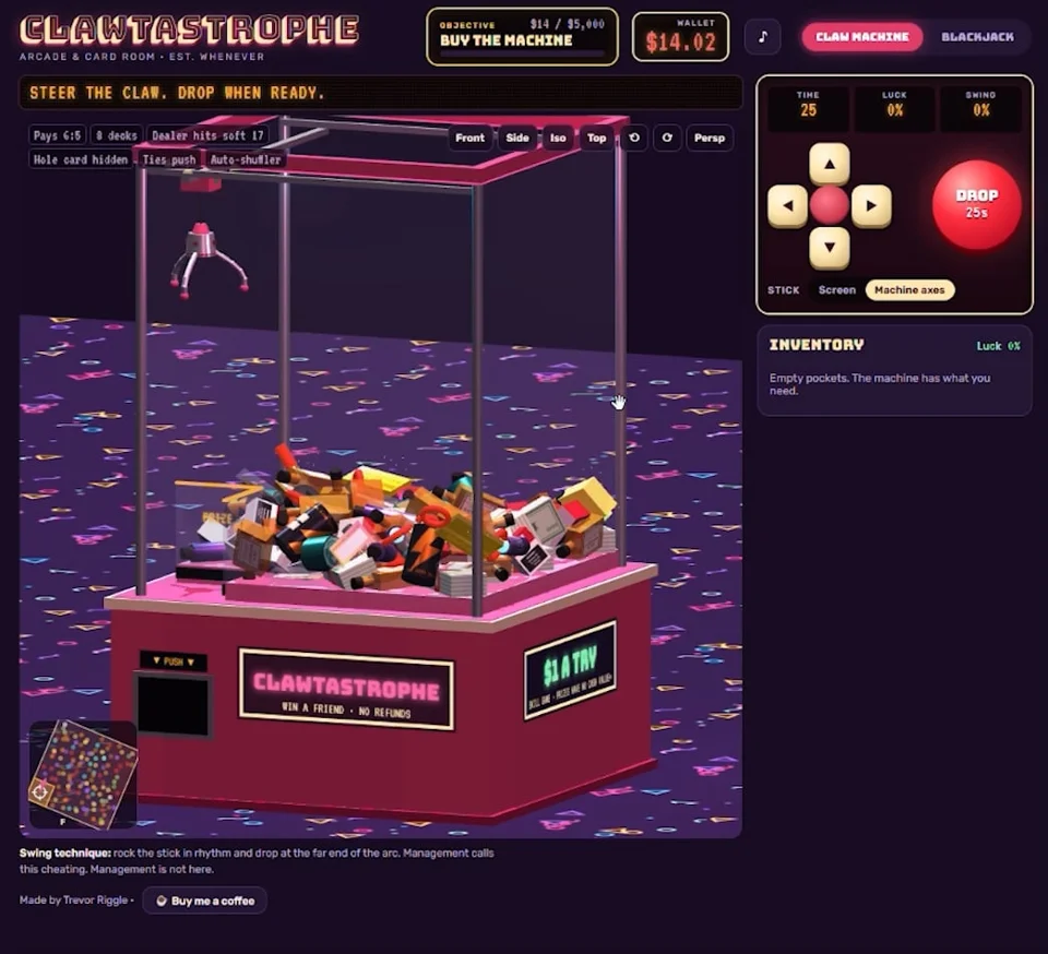 I made a rigged 3D claw machine + crooked blackjack table into a single 166 KB HTML file