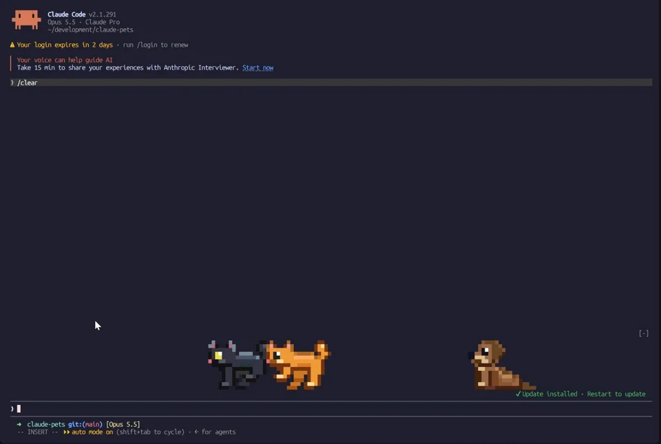 I built pixel-art cats and dogs that live above your Claude Code prompt (free plugin)