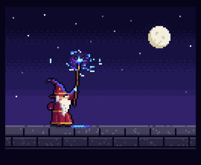Pixel-art wizard casts a glowing spell under a full moon