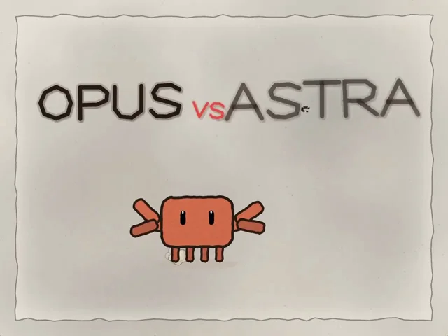 Scribbly Opus crab-creature grapples a rival logo