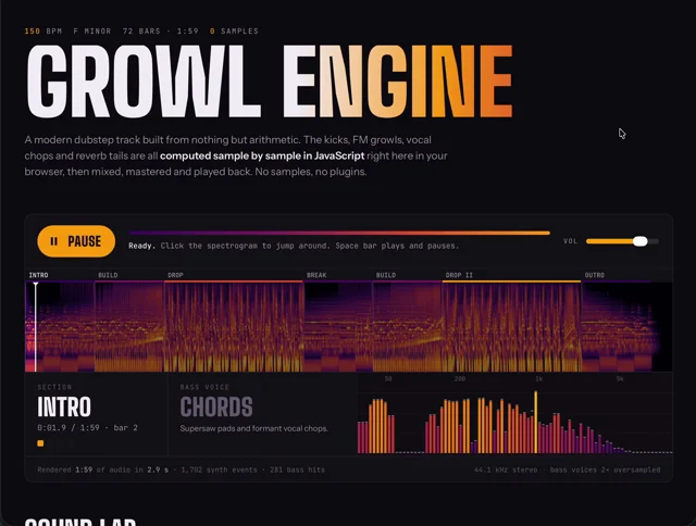 Growl Engine web page synthesizes a dubstep track live