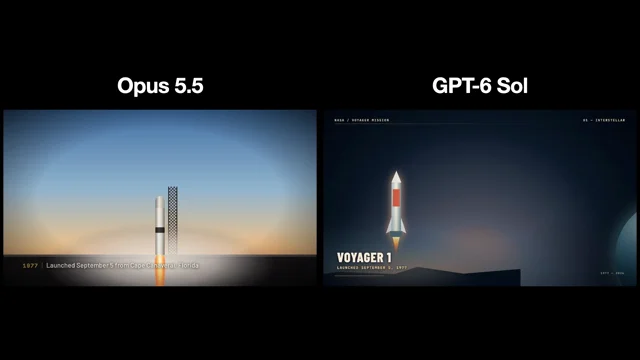 Quick one-shot animation test comparing Opus 5.5 and GPT-6 Sol using @daydream_video