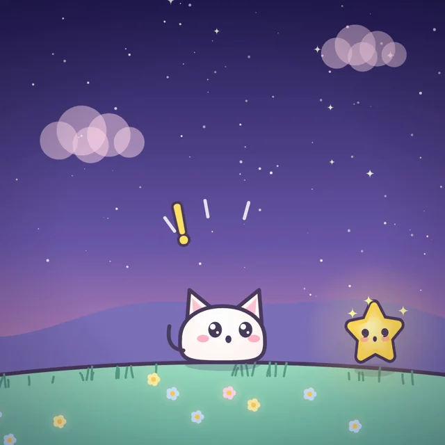 Blob cat gazes up at a smiling star in a night meadow