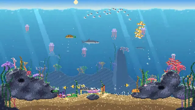 Pixel-art reef with jellyfish, turtles and fish schools