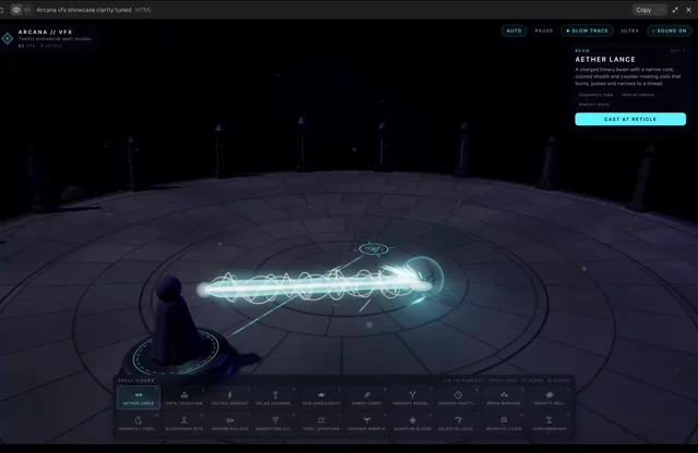 opus 5.5, @threejs spells, procedural VFX + sound