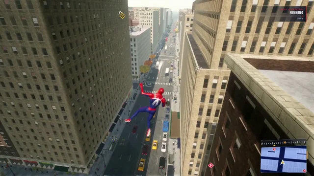 Spider-Man-style web swinging through a three.js city