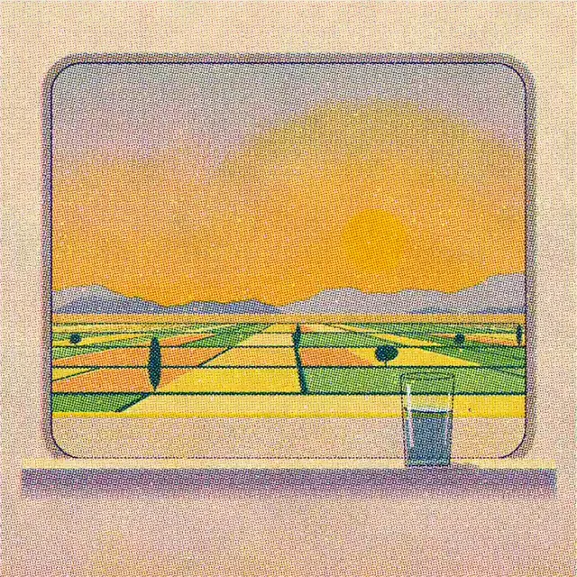 Risograph-style animated film framed in a night window