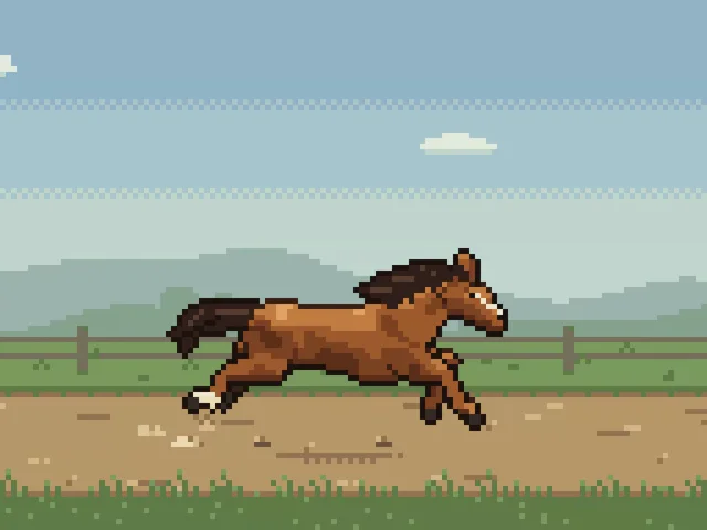 Procedural pixel-art horse gallops past a ranch fence
