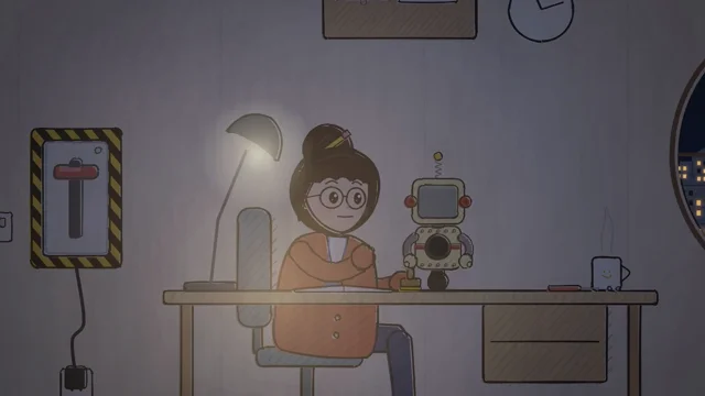 Night town of glowing windows and smiling faces drawn in code