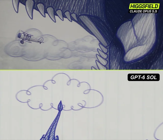 Claude Opus 5.5 vs GPT-6 Sol in sketch-style animation.