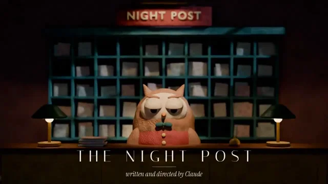 Claymation owl clerk reading a letter at a night post office