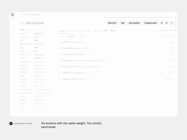 Wireframe CRM record redesigned into a cleaner layout