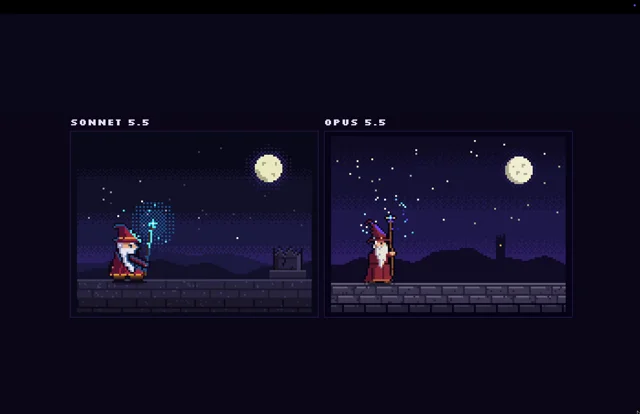 gave sonnet 5.5 and opus 5.5 the exact same detailed prompt: animated pixel art wizard, canvas 2d,…