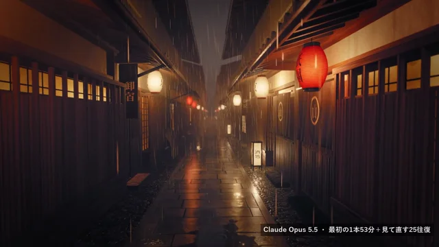 Opus 5.5 に「雨の夜の京都の路地を、3Dで、写真と見まがうほど写実的に」と頼みました。