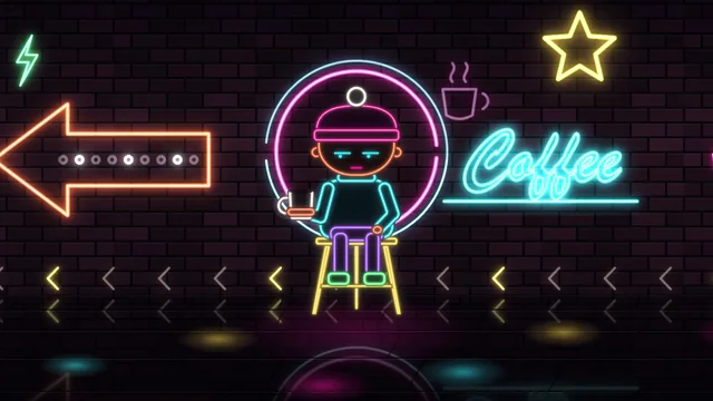 Beanie-wearing coffee drinker restyled from neon to ASCII to sketch